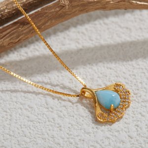 S925 Sterling Silver Antique Style Gold Plated Necklace with Natural Larimar Fan-Shaped Pendant